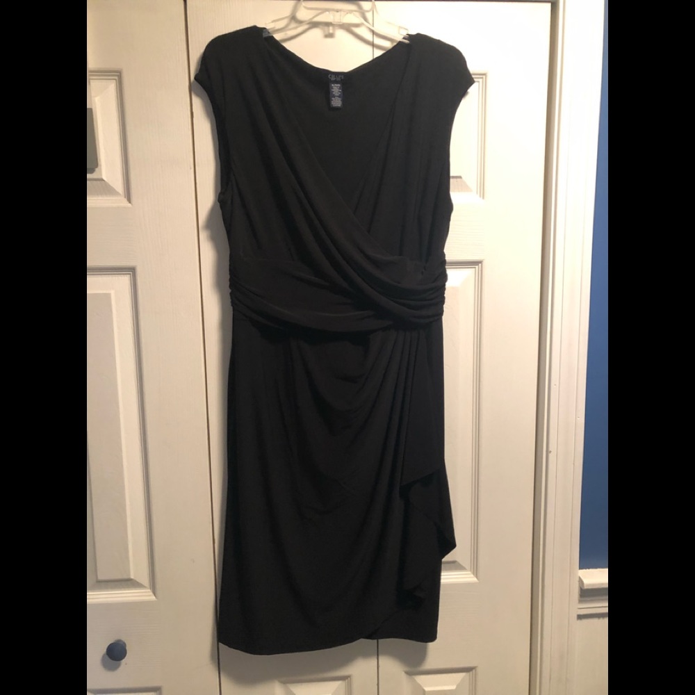 Little black dress w/ wrap top, flattering waist.